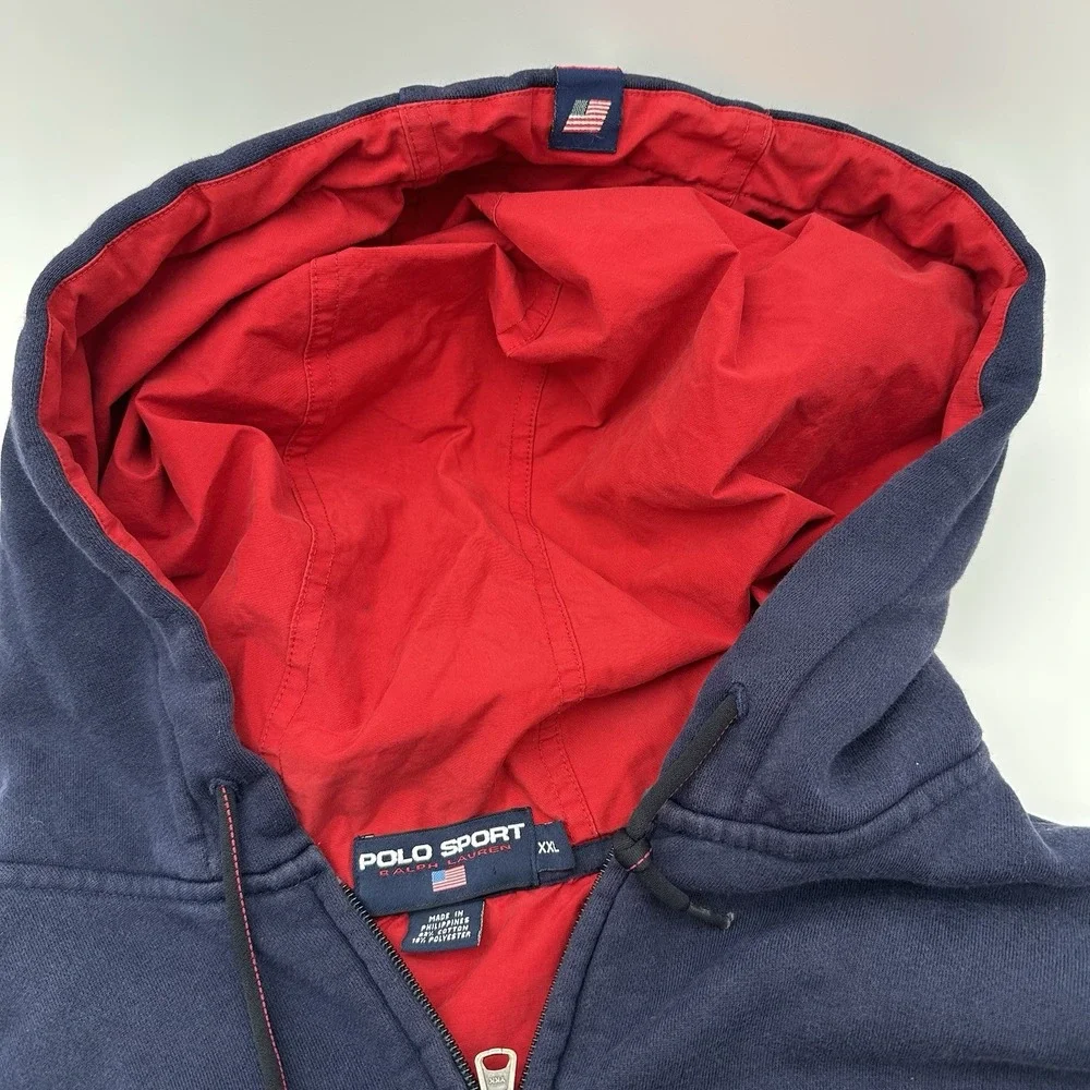 Vtg 90s Polo Sport Ralph Lauren Zip Up Hoodie XXL Navy Red Nylon Hooded Jacket